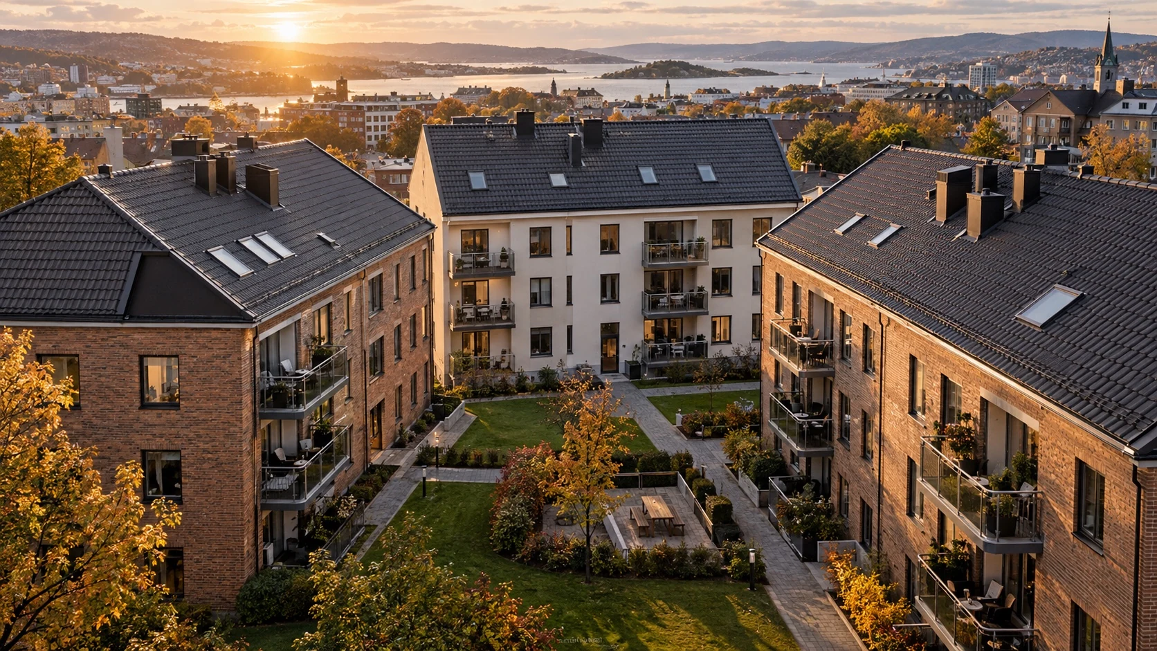 Illustrasjon av et kvartal med flere boliger og sammenhengende takflater.