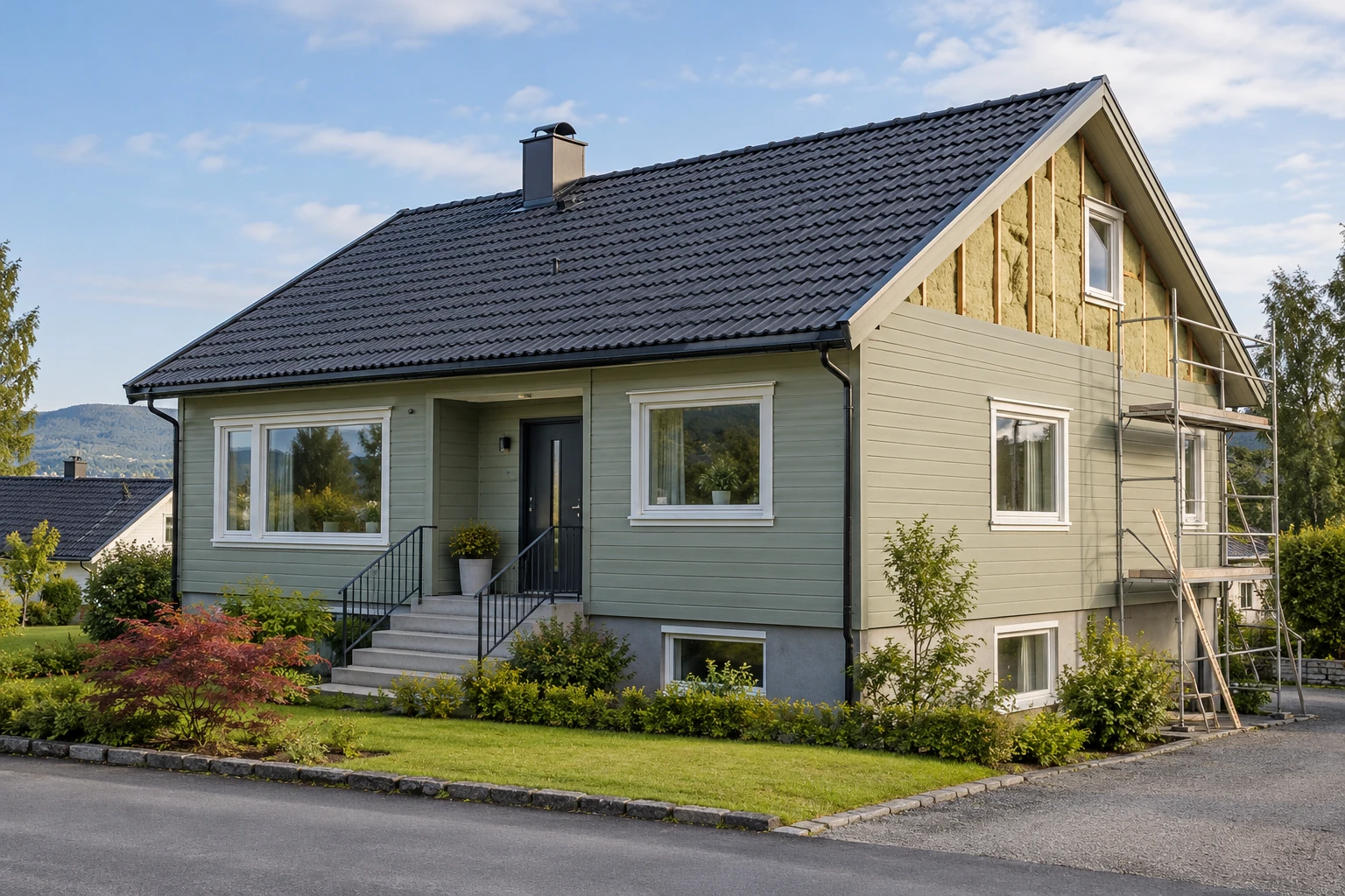 Lys grønn enebolig under energioppgradering med synlig isolasjon ved gavlen.