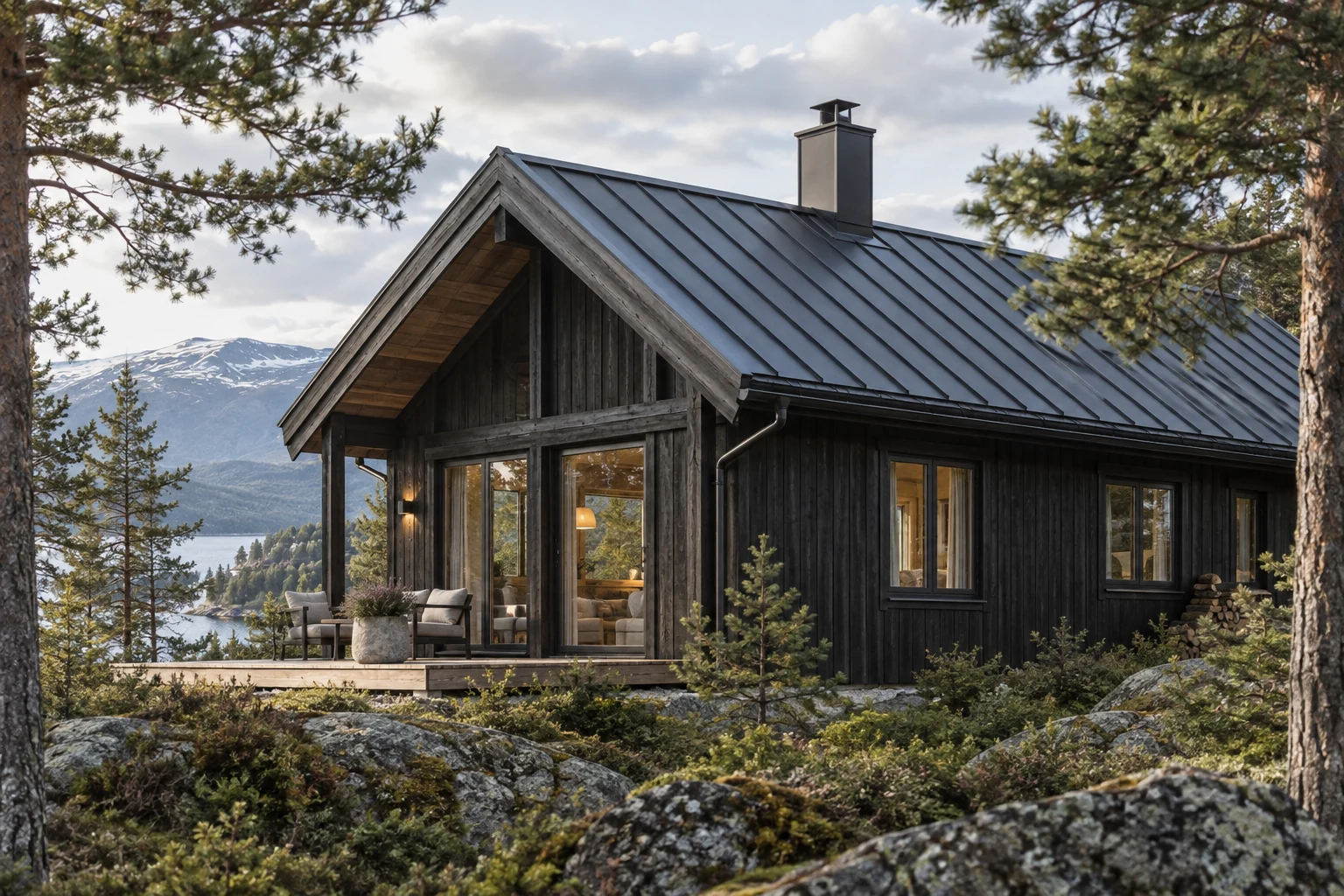Generert illustrasjonsbilde av en mørk trehytte med metalltak mellom furutrær.