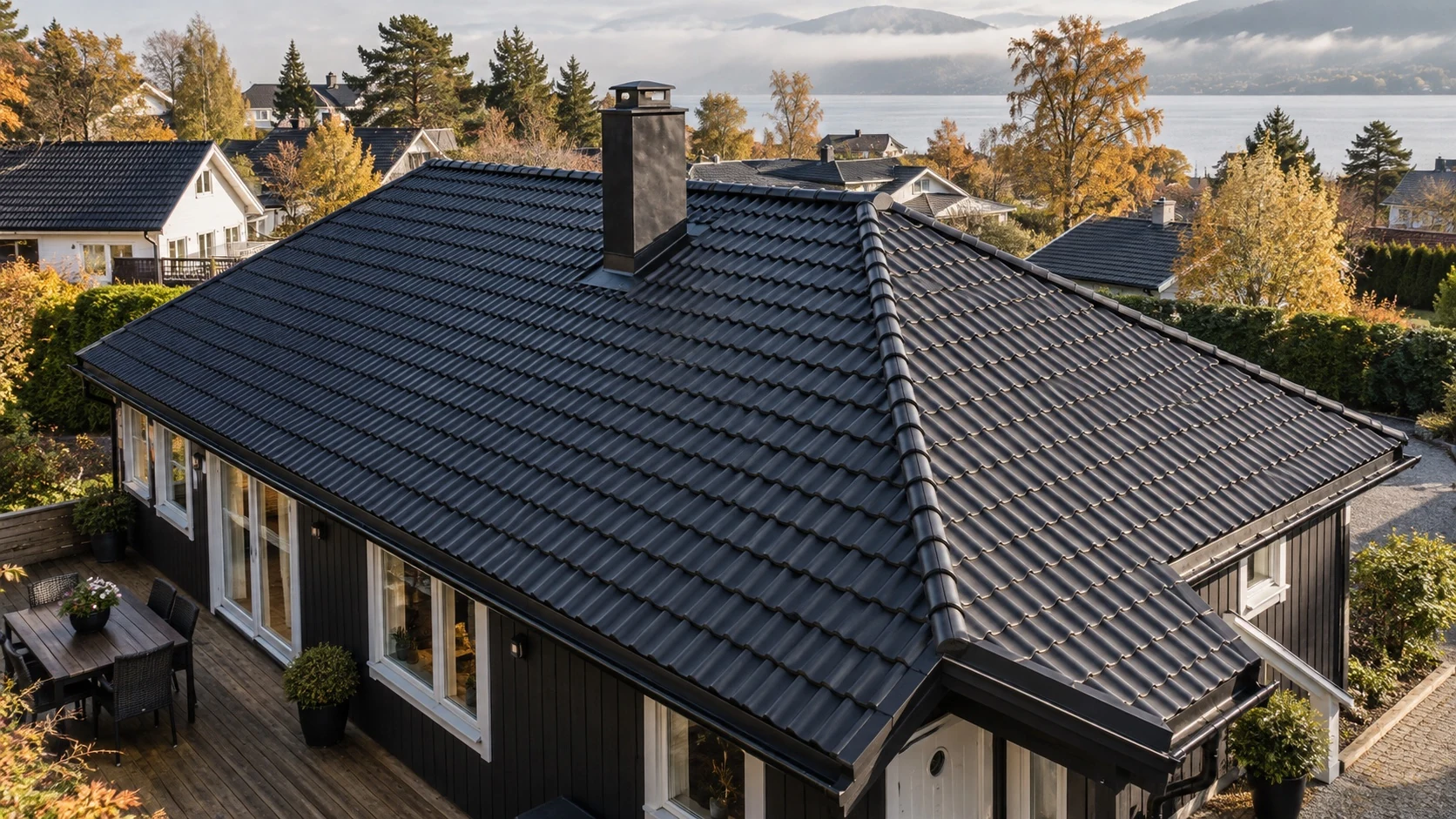 Illustrasjonsbilde av et komplett mørkt valmtak med pipe på en trebolig.