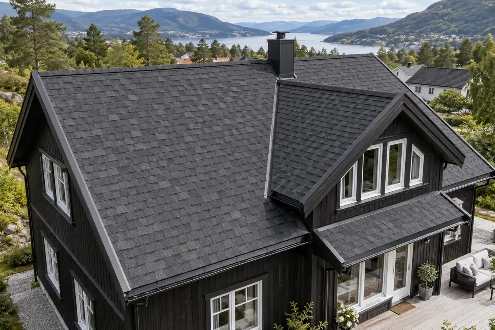Illustrasjon av en bolig med mørk shingeltekking.