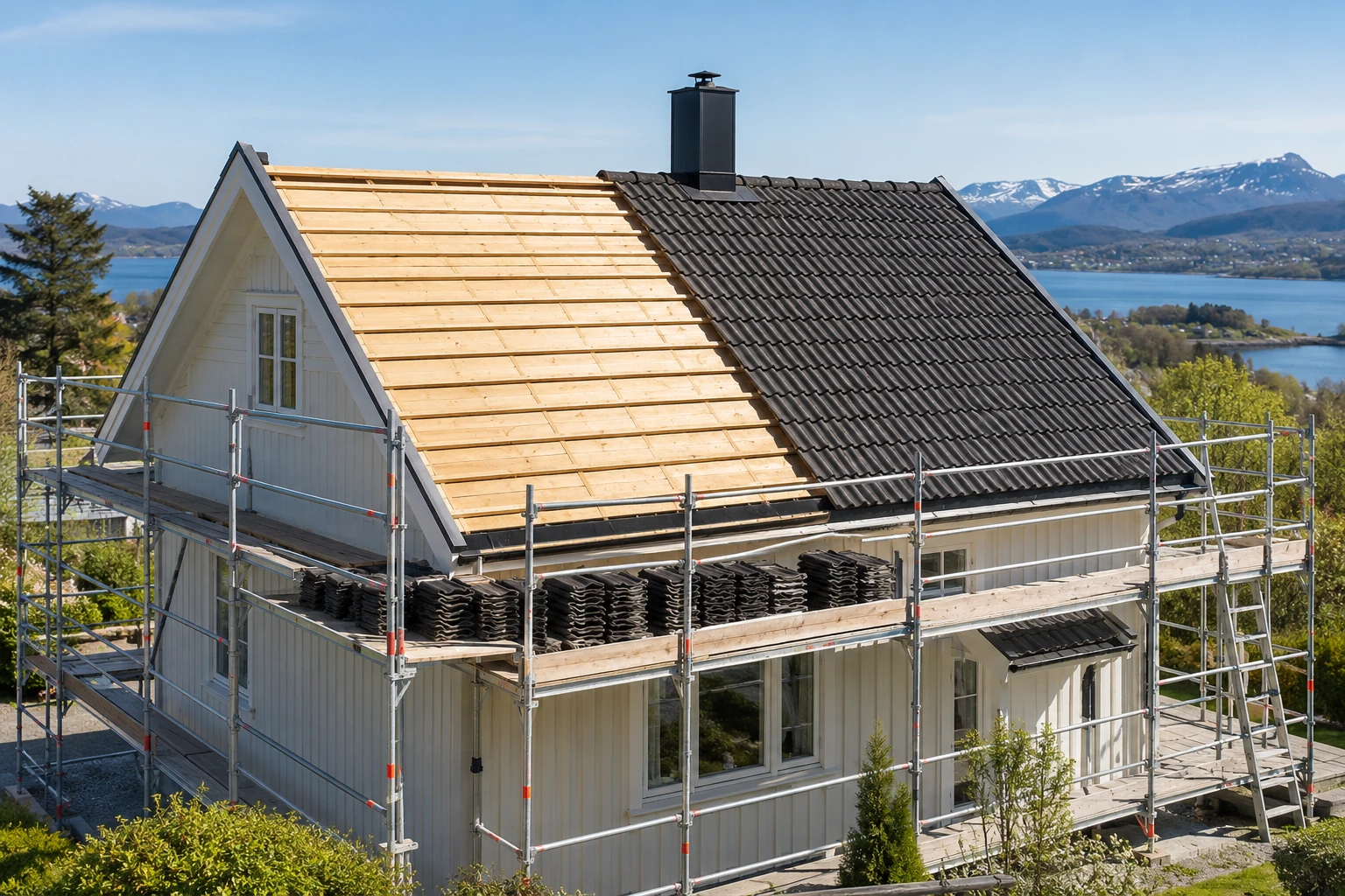 Hus med halvparten av taket åpnet ned til bordtaket og stillas langs takfoten.
