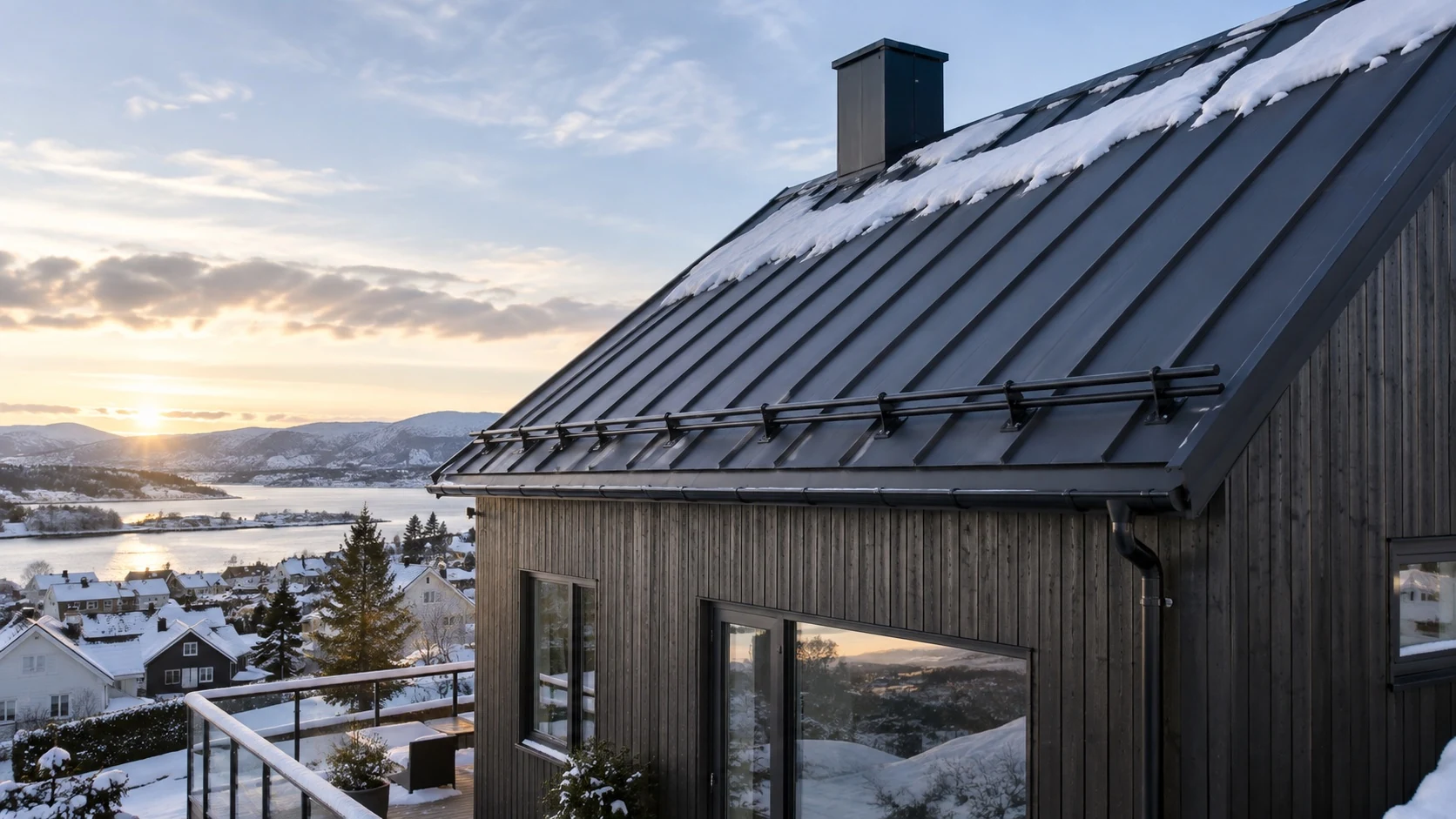 Illustrasjon av et metalltak med snøfangere på en trebolig.