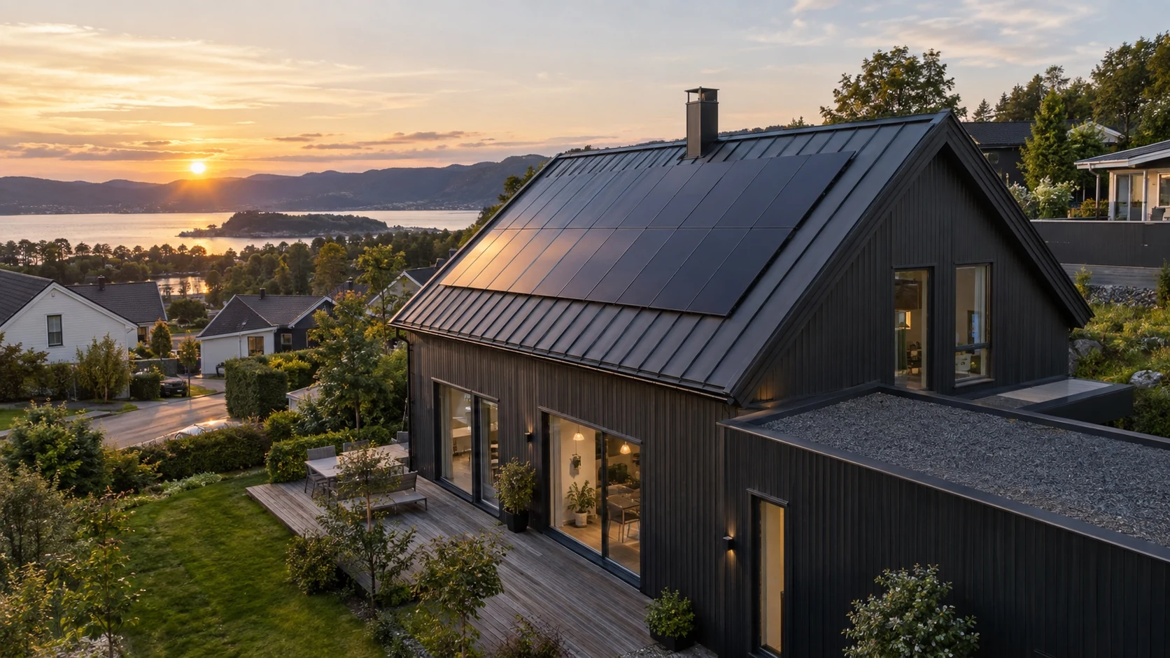 Illustrasjon av en komplett bolig med solcellepaneler på skråtaket.