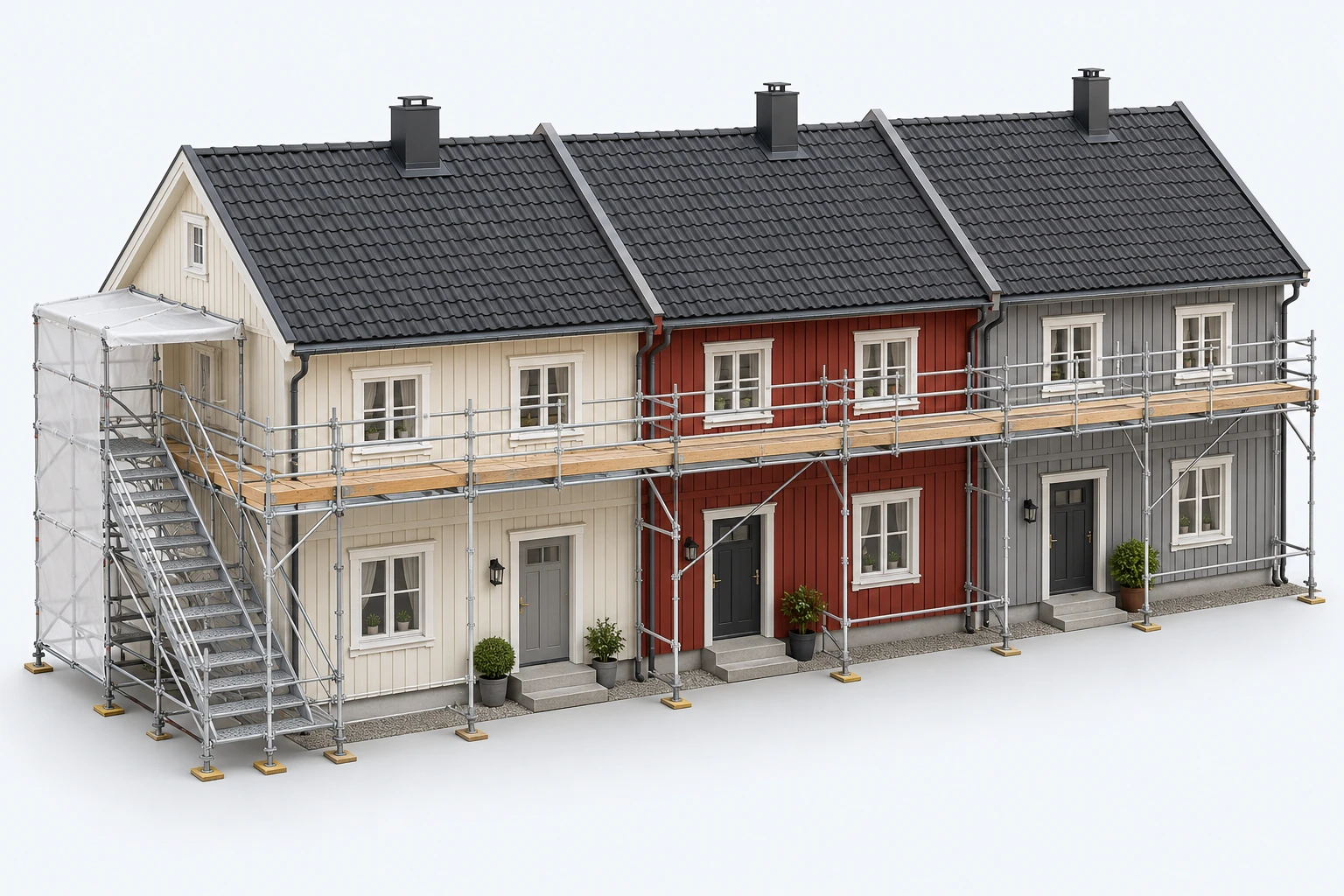 Sammenhengende tak, Skille mellom enheter, Felles rigg, Tilkomst vist i en modell av pris på tak i rekkehus.