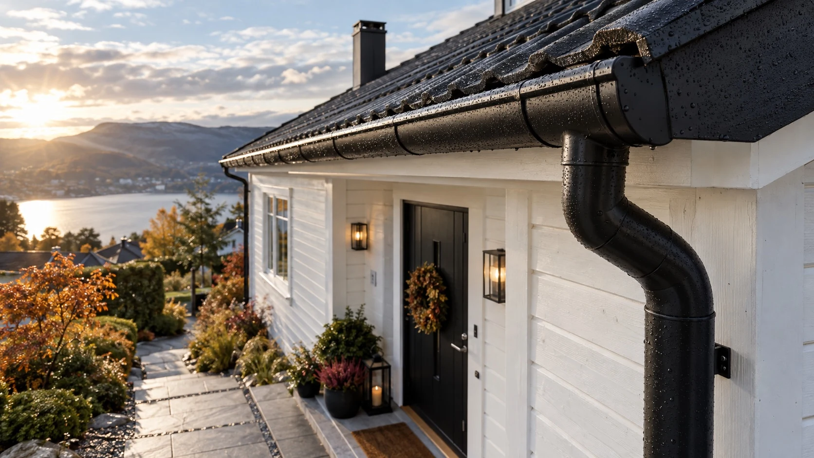 Illustrasjonsbilde med takfot, mørk takrenne og nedløp på en norsk trebolig.