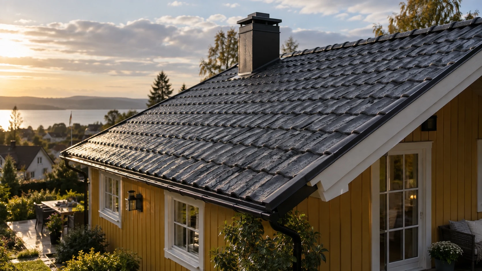 Illustrasjonsbilde av et vått, mørkt taksteinstak på en norsk trebolig.