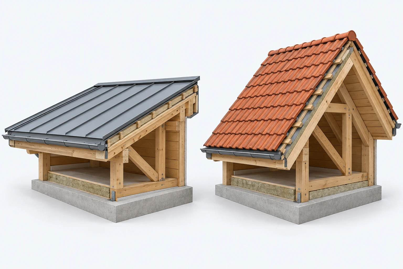 Slakere metalltak, Brattere tegltak, Oppbygning vist i en modell av takvinkel og valg av materiale.