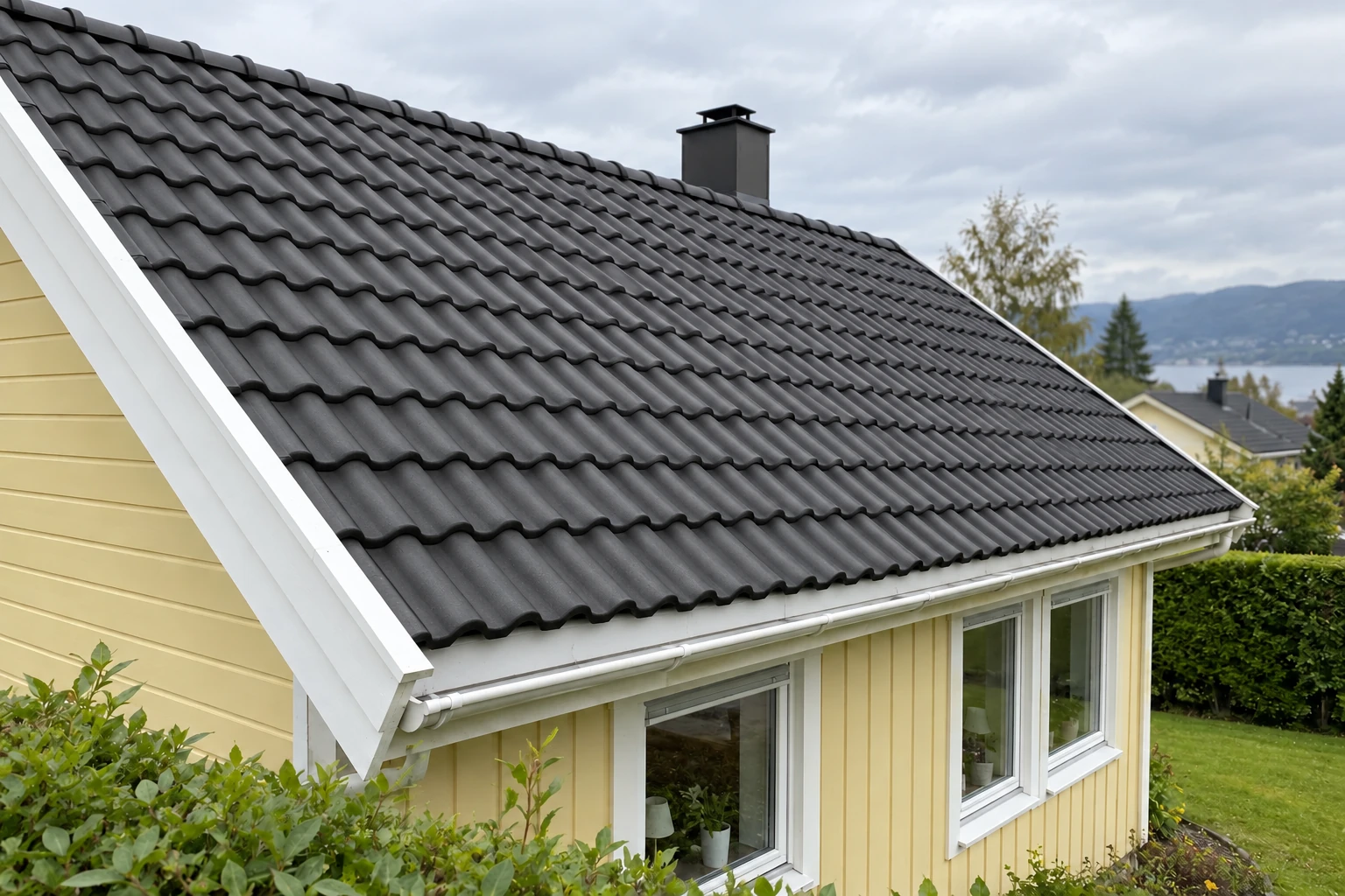 Nærbilde av grå, profilerte betongtakstein.