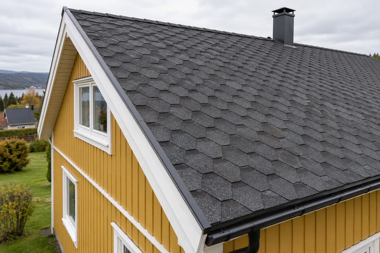 Nærbilde av mørk asfaltshingel i overlappende rader.
